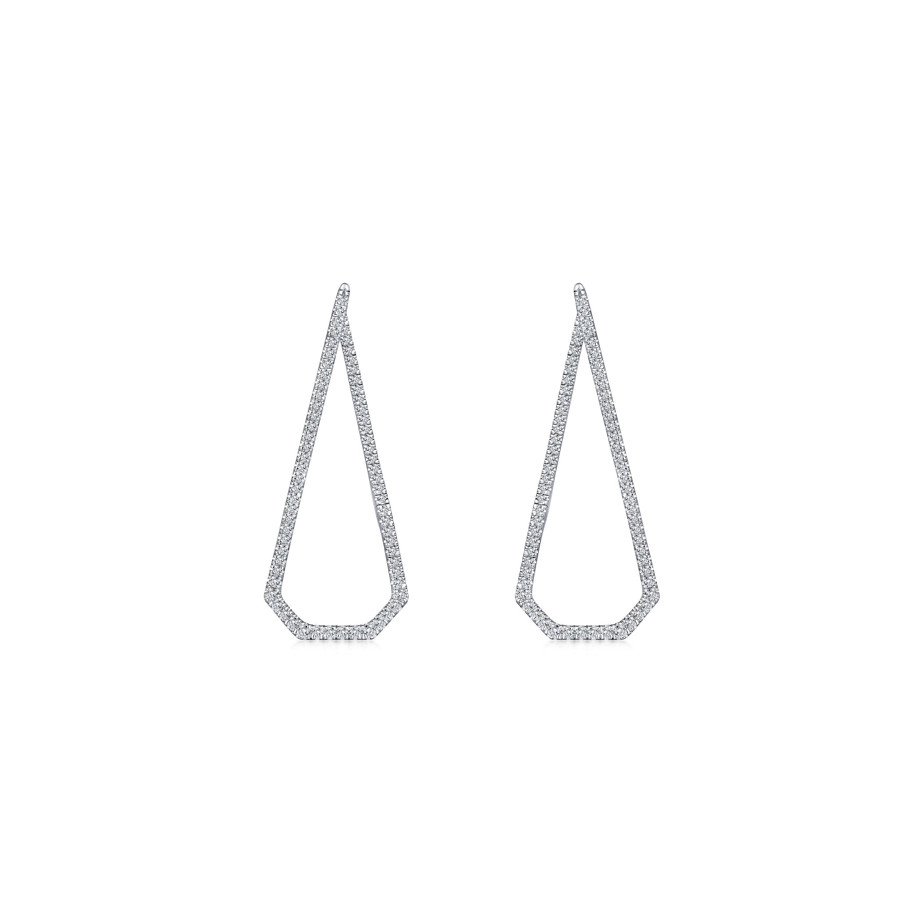 14K White Gold 40mm Long Geometric Open Hoop Diamond Earrings