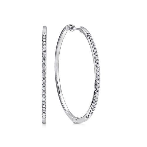 14K White Gold 40mm Round Classic Diamond Hoop Earrings