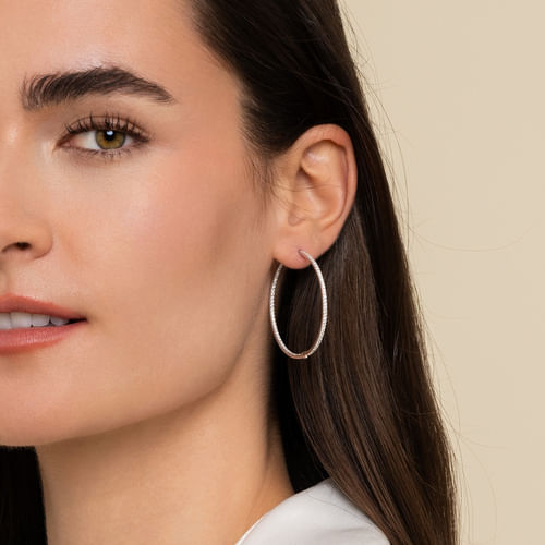 14K White Gold 40mm Round Classic Diamond Hoop Earrings