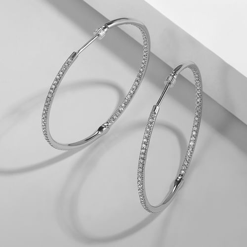 14K White Gold 40mm Round Classic Diamond Hoop Earrings
