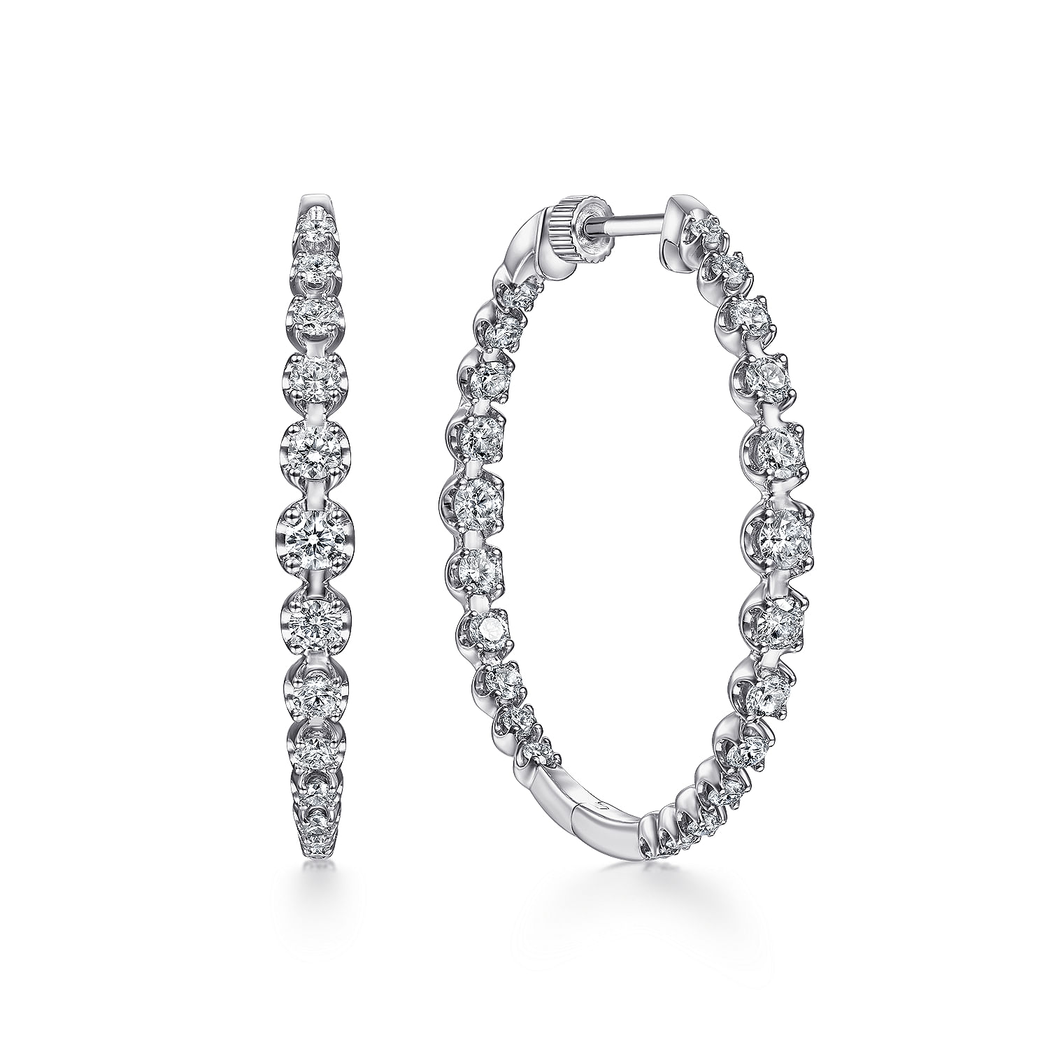 14K White Gold 40mm Round Classic Inside Out Diamond Hoop Earrings