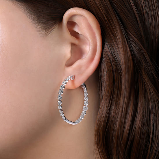 14K White Gold 40mm Round Classic Inside Out Diamond Hoop Earrings angle 2