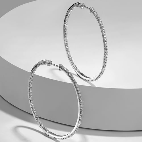 14K White Gold 50mm Large Hoop Diamond Earrings