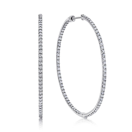 14K White Gold 50mm Round Inside Out Diamond Hoop Earrings