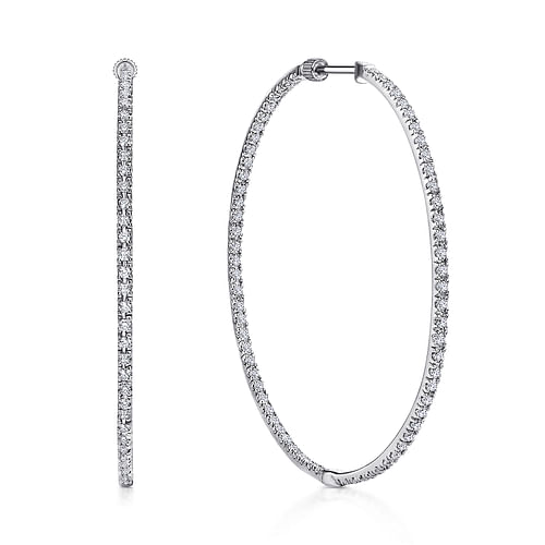 14K White Gold 50mm Round Inside Out Diamond Hoop Earrings