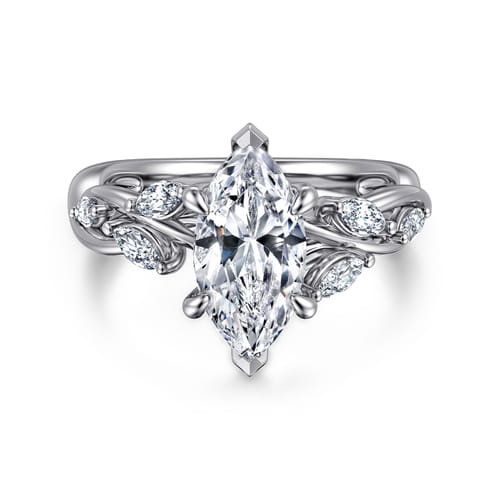 14K White Gold 6 Prong Floral Marquise Shape Diamond Engagement Ring