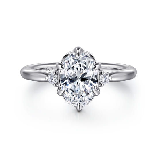 Gabriel - 14K White Gold 6 Prong Oval Three Stone Diamond Engagement Ring