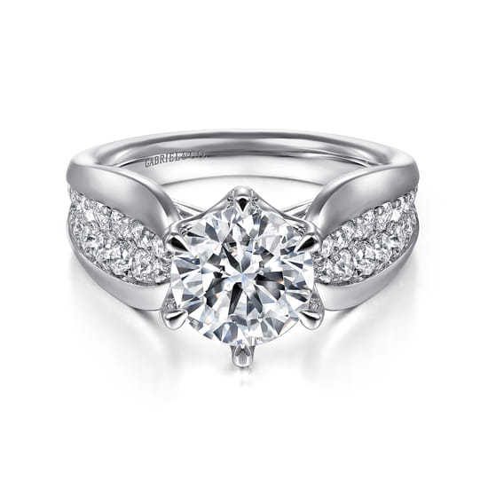 Gabriel - 14K White Gold 6 Prong Wide Band Round Diamond Engagement Ring Gabriel - 14K White Gold 6 Prong Wide Band Round Diamond Engagement Ring