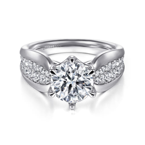 14K White Gold 6 Prong Wide Band Round Diamond Engagement Ring 14K White Gold 6 Prong Wide Band Round Diamond Engagement Ring