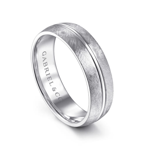 14K White Gold 6mm - Brushed Diamond Cut Men's Wedding Band 