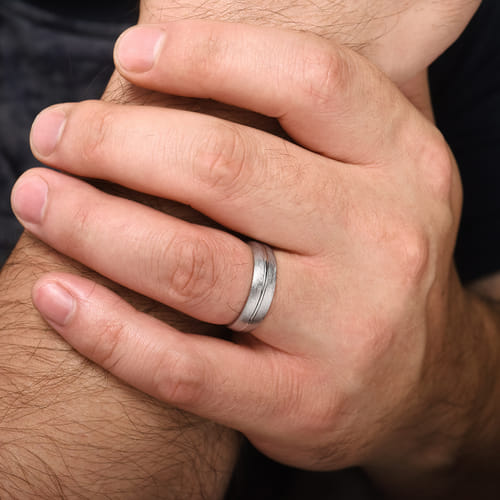 14K White Gold 6mm - Brushed Diamond Cut Men's Wedding Band 