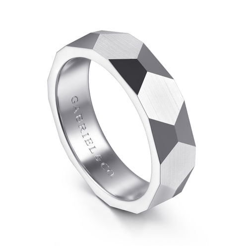 14K White Gold 6mm - Carved Men's Wedding Band in Satin Finish
