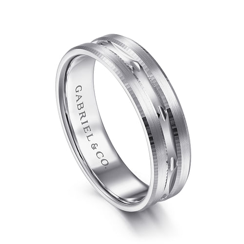 14K White Gold 6mm - Carved Men's Wedding Band in Satin Finish