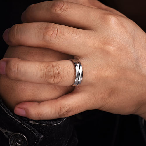 14K White Gold 6mm - Carved Men's Wedding Band in Satin Finish