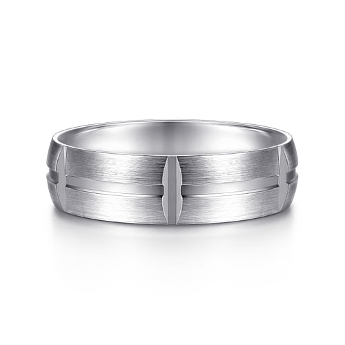 14K White Gold 6mm - Carved Station Men's Wedding Band in Satin Finish