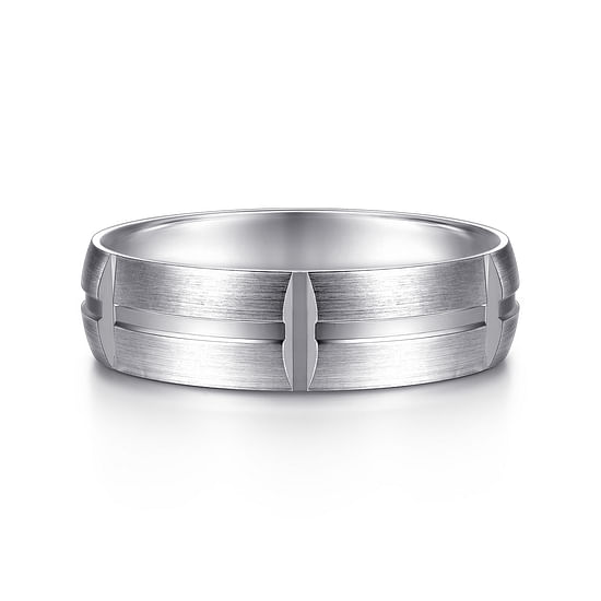 Gabriel - 14K White Gold 6mm - Carved Station Men's Wedding Band in Satin Finish