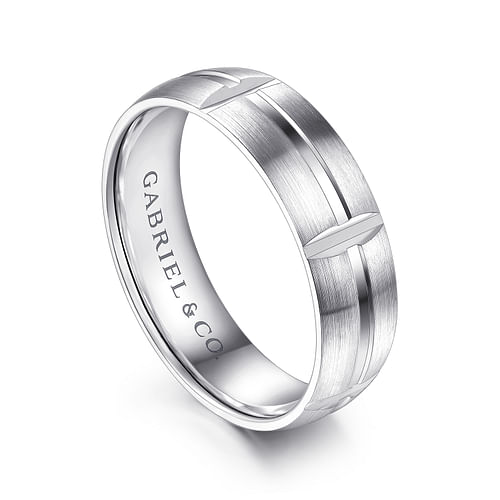 14K White Gold 6mm - Carved Station Men's Wedding Band in Satin Finish