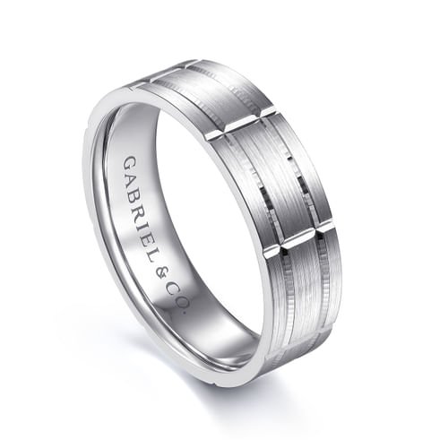 14K White Gold 6mm - Checkerboard Pattern Men's Wedding Band in Satin Finish