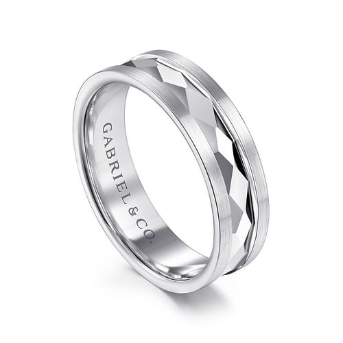 14K White Gold 6mm - Diamond Cut Men's Wedding Band in Satin Finish