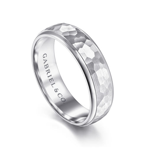 14K White Gold 6mm - Hammered Finish Men's Wedding Band 