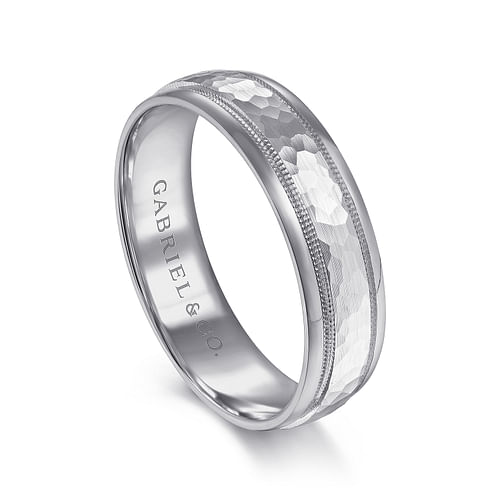 14K White Gold 6mm - Hammered Men's Wedding Band with Milgrain Edge