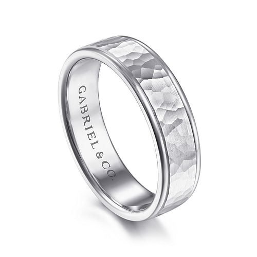 14K White Gold 6mm - Hammered Men's Wedding Band