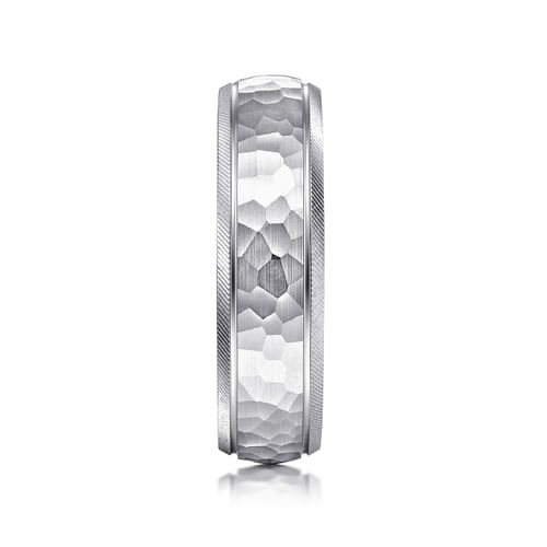 14K White Gold 6mm - Men's Wedding Band in Hammered Finish