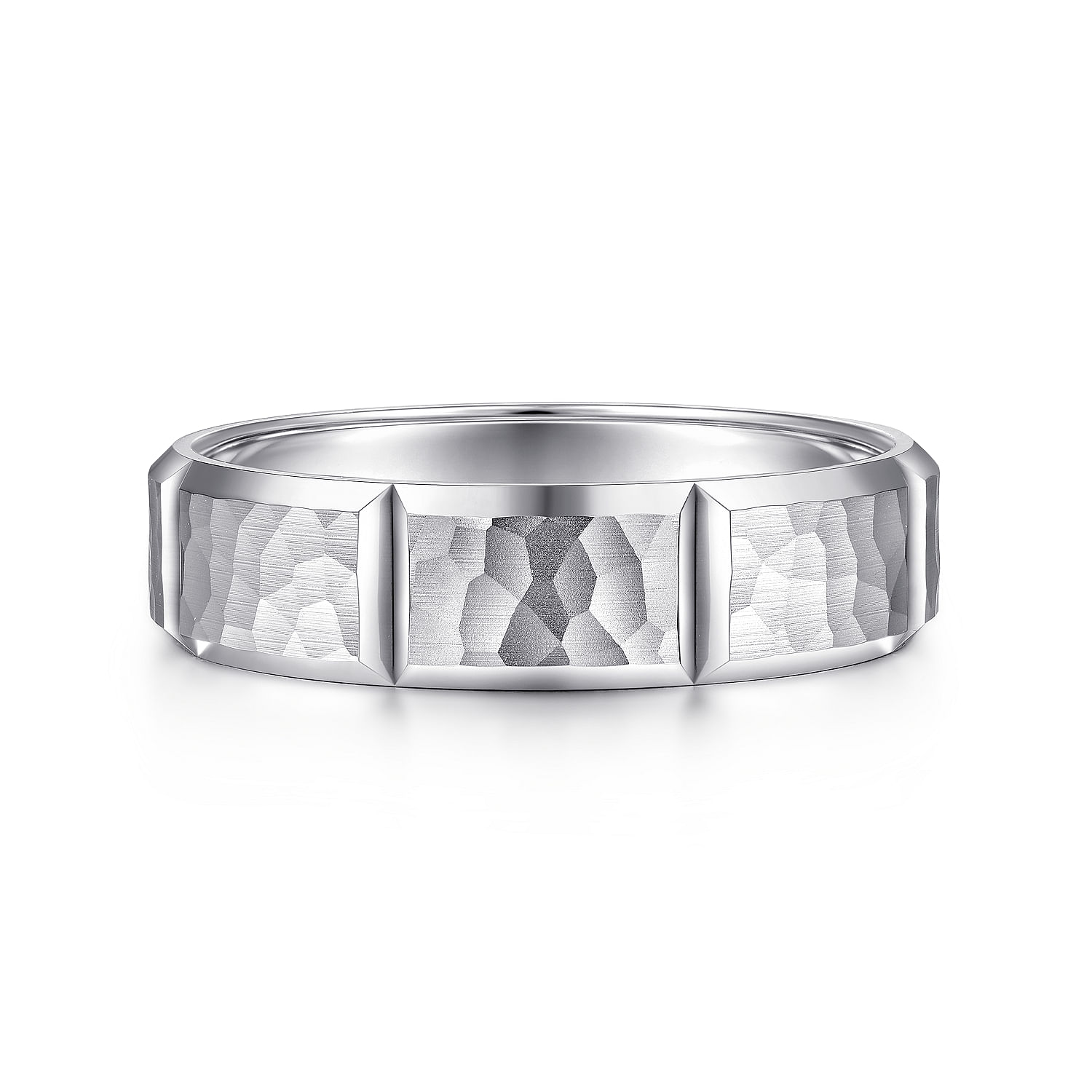 14K White Gold 6mm - Men's Wedding Band with Hammered Stations