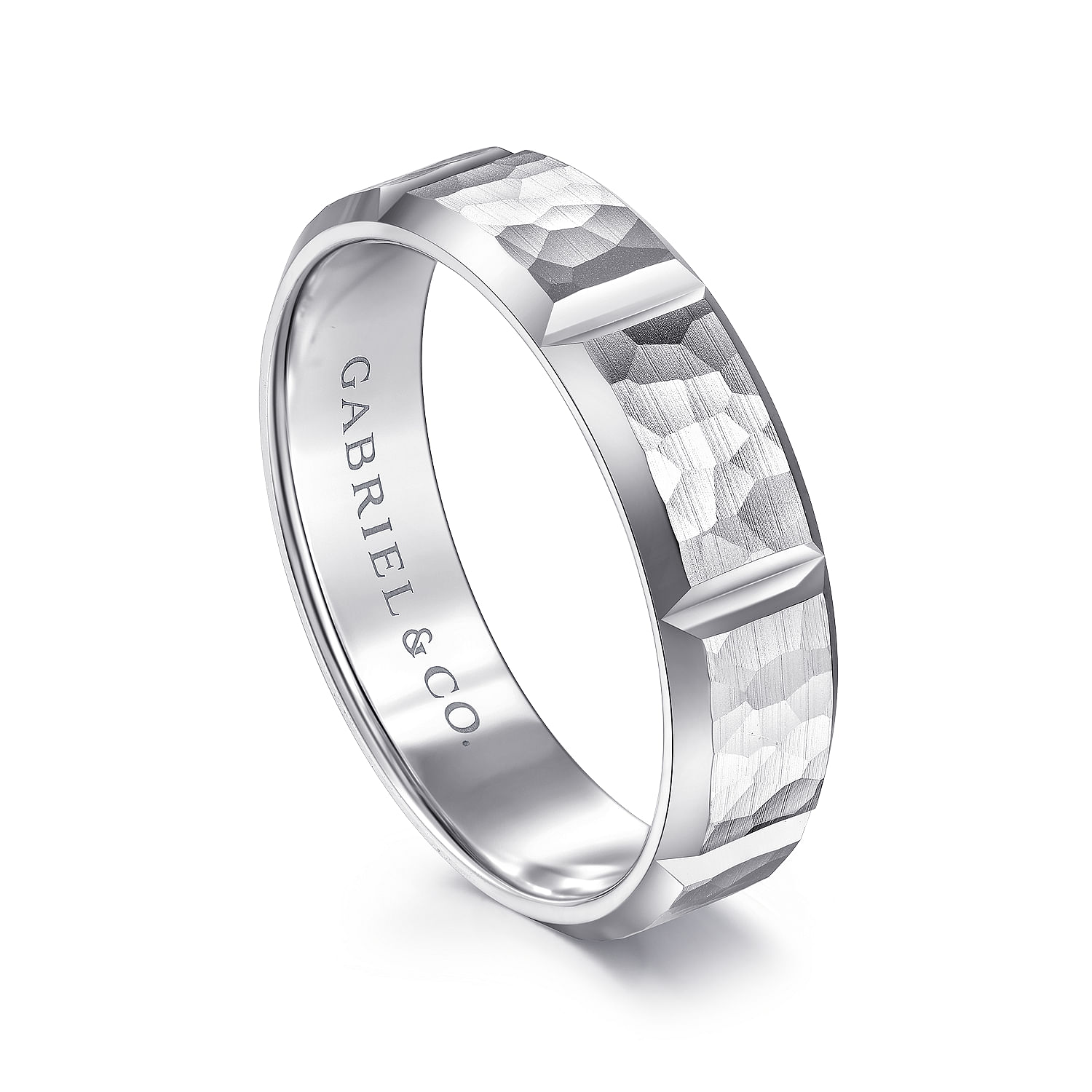 14K White Gold 6mm - Men's Wedding Band with Hammered Stations