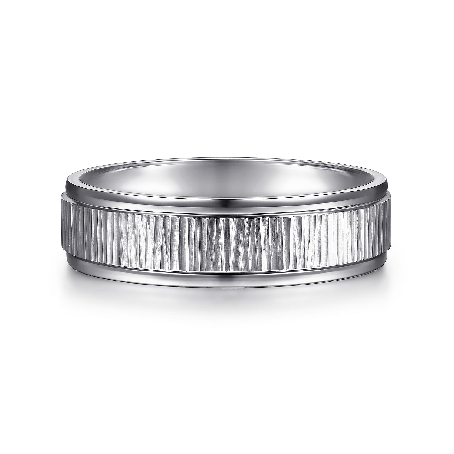 14K White Gold 6mm - Men's Wedding Band with Vertical Etching