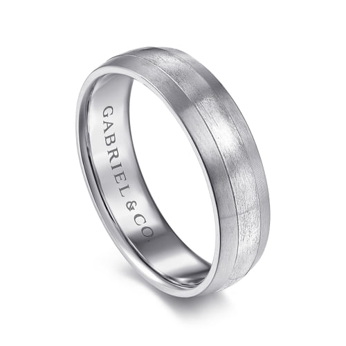 14K White Gold 6mm - Satin Color Block Men's Wedding Band in Satin Finish