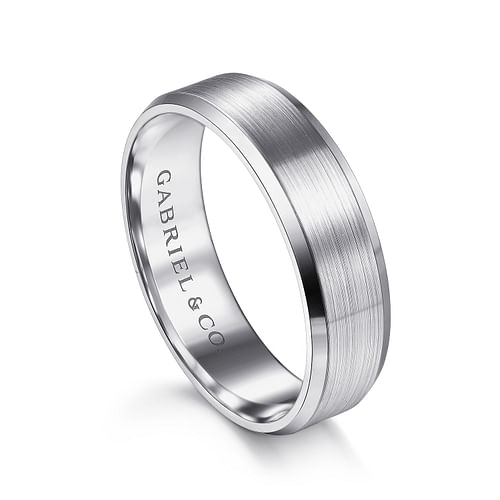 14K White Gold 6mm - Satin Finish Men's Wedding Band with Beveled Edge