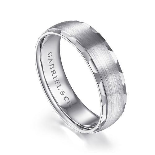 14K White Gold 6mm - Satin Finish Men's Wedding Band with Carved Edge