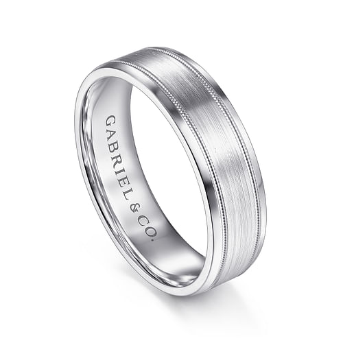 14K White Gold 6mm - Satin Polish Center and Milgrain Edge Men's Wedding Band