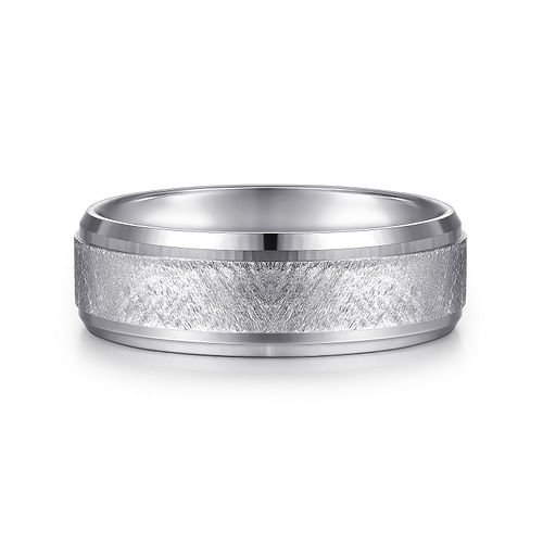 14K White Gold 7mm - Beveled Edge Men's Wedding Band in Diamond Scratch Finish