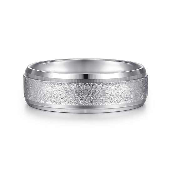 Gabriel - 14K White Gold 7mm - Beveled Edge Men's Wedding Band in Diamond Scratch Finish