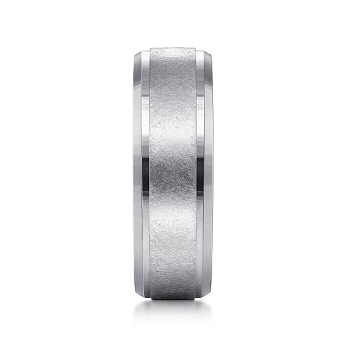 14K White Gold 7mm - Beveled Edge Men's Wedding Band in Diamond Scratch Finish