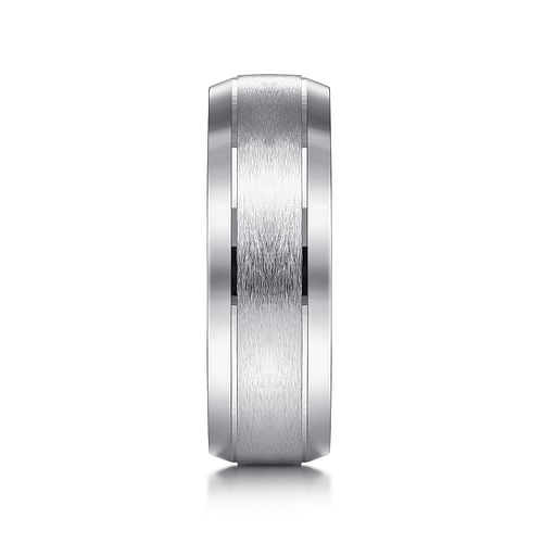 14K White Gold 7mm - Beveled Edge Men's Wedding Band in Horizontal Brush Finish