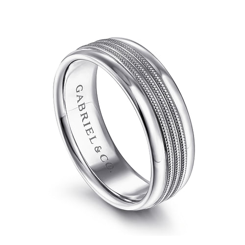 14K White Gold 7mm - Center Rope Channels and Polished Edge Men's Wedding Band in High Polished Finish