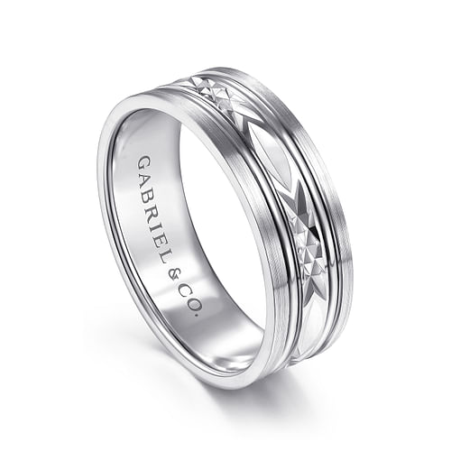 14K White Gold 7mm - Diamond Cut Center Men's Wedding Band in Satin Finish