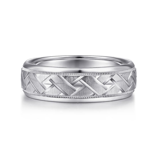 Gabriel - 14K White Gold 7mm - Engraved Woven Men's Wedding Band in Satin Finish