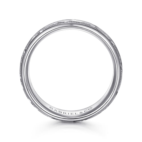 14K White Gold 7mm - Engraved Woven Men's Wedding Band in Satin Finish