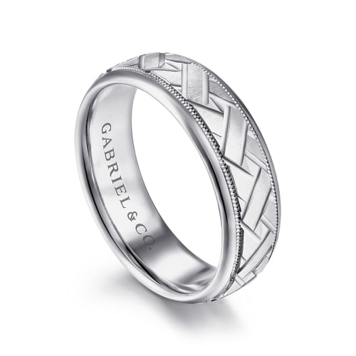 14K White Gold 7mm - Engraved Woven Men's Wedding Band in Satin Finish