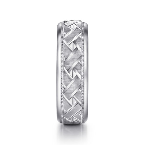 14K White Gold 7mm - Engraved Woven Men's Wedding Band in Satin Finish