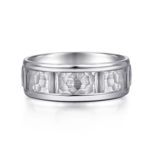 14K White Gold 7mm - Hammered Station Men's Wedding Band 