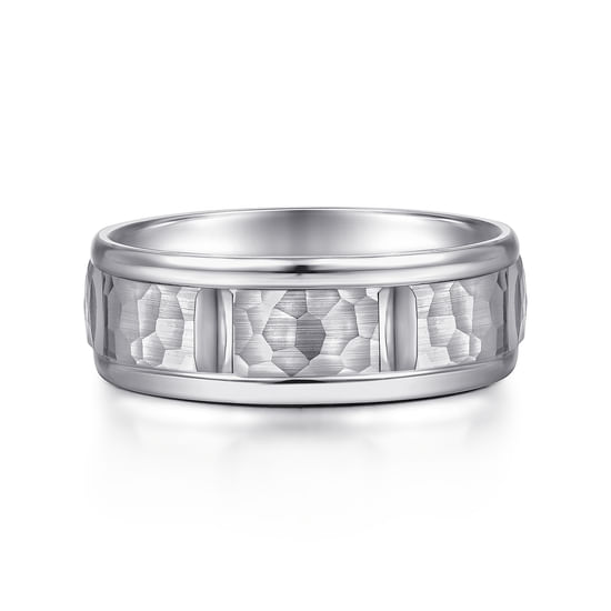 Gabriel - 14K White Gold 7mm - Hammered Station Men's Wedding Band 
