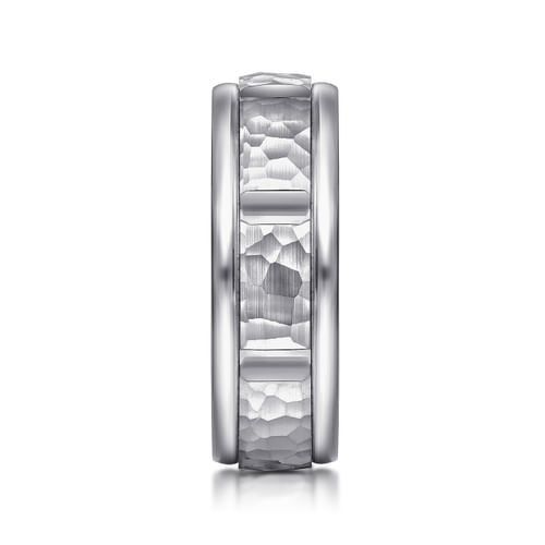 14K White Gold 7mm - Hammered Station Men's Wedding Band 