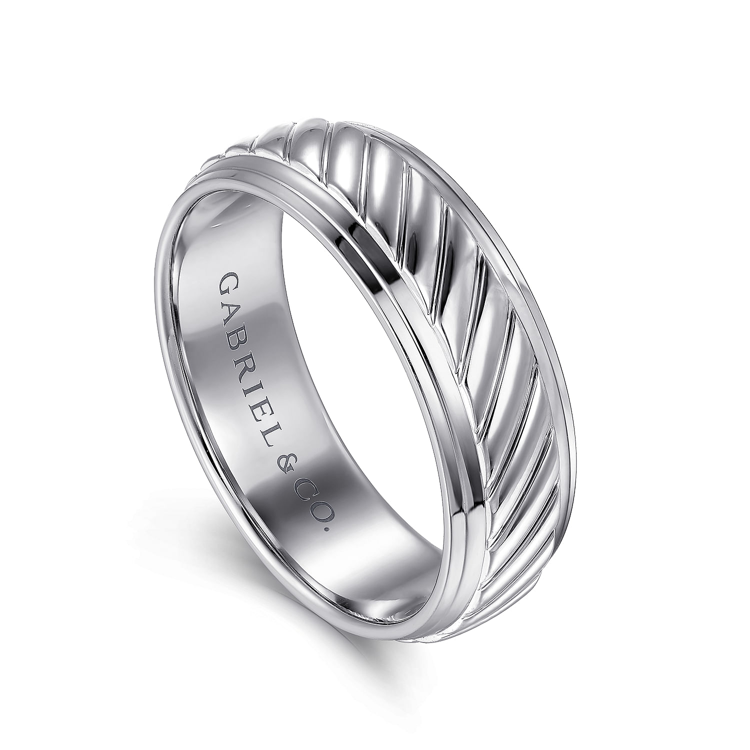 14K White Gold 7mm - Rope Center and Polished Edge Men's Wedding Band in High Polished Finish