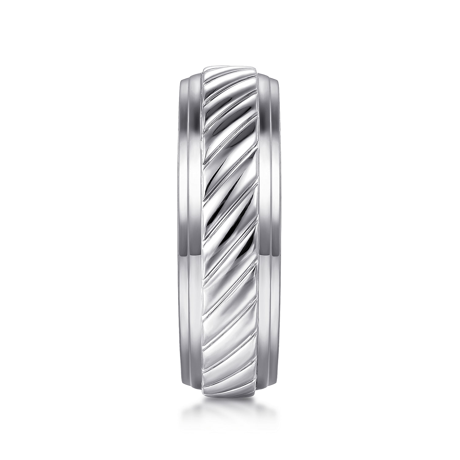14K White Gold 7mm - Rope Center and Polished Edge Men's Wedding Band in High Polished Finish