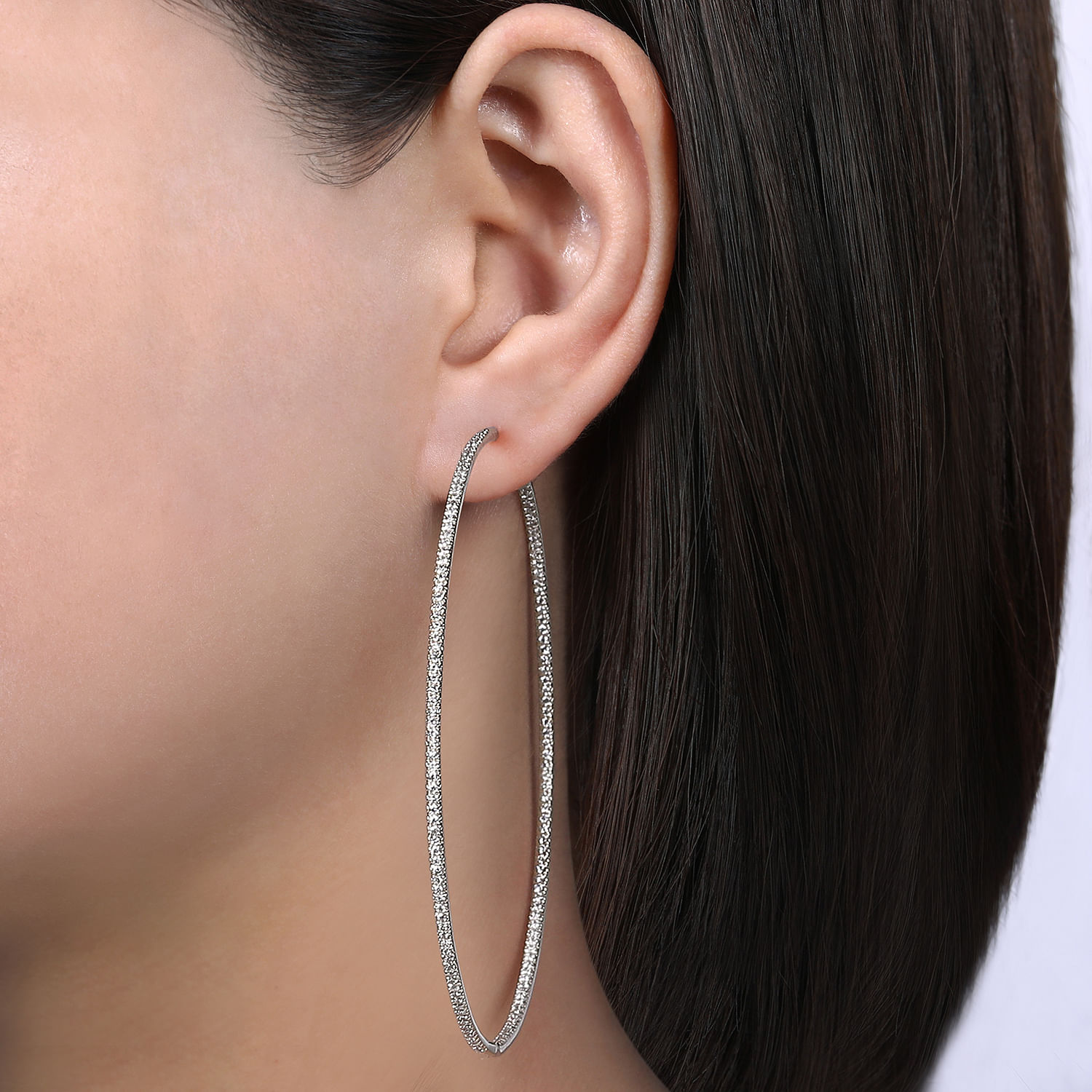 14K White Gold 80mm Round Inside Out Diamond Hoop Earrings